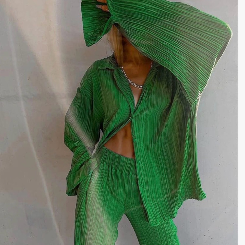 Green Pleated Two-Piece Set